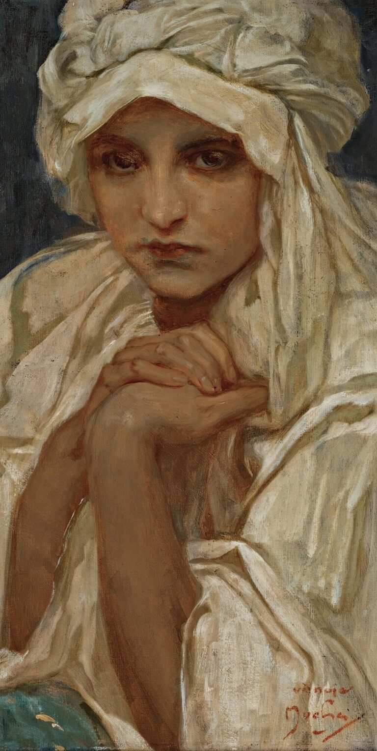 Realistic oil portrait by Alphonse Mucha showing a girl with a white turban and draped fabric, her hands clasped beneath her chin and her eyes engaging the viewer with quiet intensity.