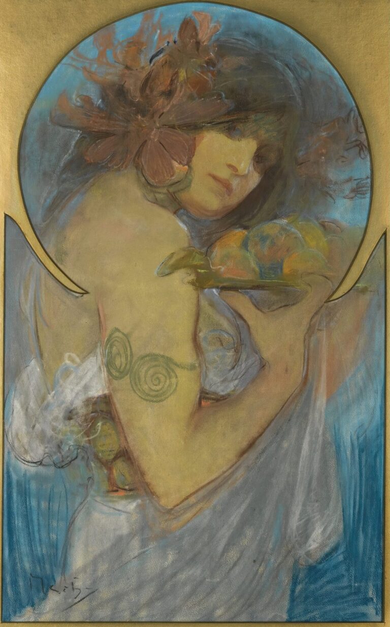 Pastel study by Alphonse Mucha of a half-length woman holding a platter of ripe fruit, her hair adorned with large flowers, rendered in flowing contours and soft color accents.