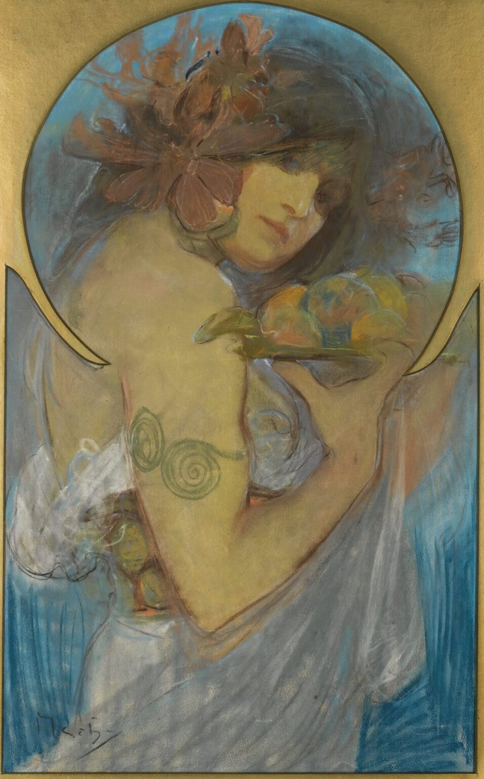 Pastel study by Alphonse Mucha of a half-length woman holding a platter of ripe fruit, her hair adorned with large flowers, rendered in flowing contours and soft color accents.