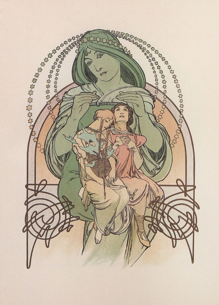 Oil painting of a medieval princess in flowing green and coral robes, framed by an arch of stars and decorative lines, her profile calm and contemplative.