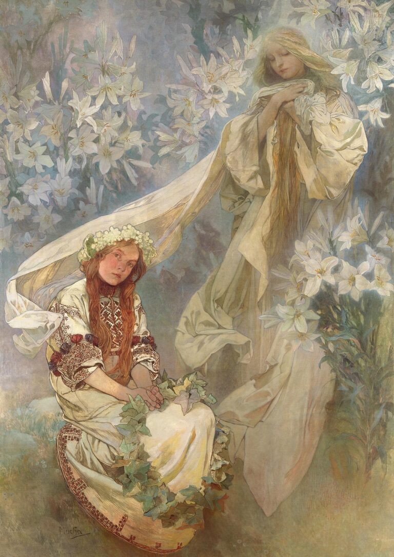 Alphonse Mucha’s “Madonna of the Lilies” shows the Virgin Mary standing amidst white lilies, framed by flowing vines and drapery in a soft, Art Nouveau style.