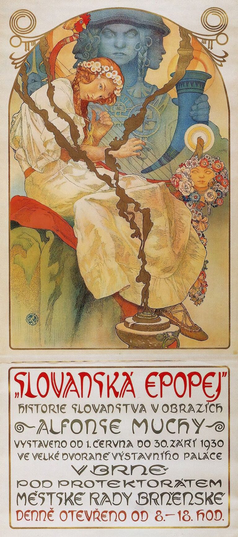 Art Nouveau exhibition poster by Alphonse Mucha featuring a tri-faced Slavic figure in green-blue relief beneath a golden arch, with decorative spirals and bold red Czech lettering announcing “Slovanská epopej.”
