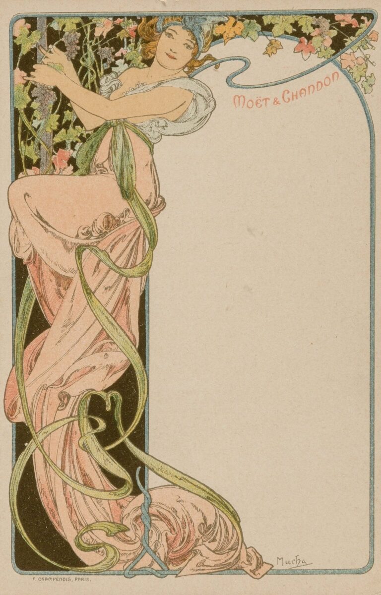 Art Nouveau lithograph menu card by Alphonse Mucha featuring a graceful female figure entwined with grapevines on the left and a blank right panel for menu text, framed by a pale rectangular border.