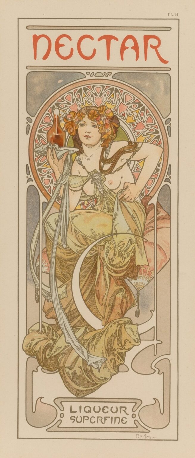 Alphonse Mucha’s Art Nouveau poster depicting a half-draped woman crowned with flowers, raising a glass of nectar, surrounded by flowing fabrics, botanical motifs, and an ornate halo.