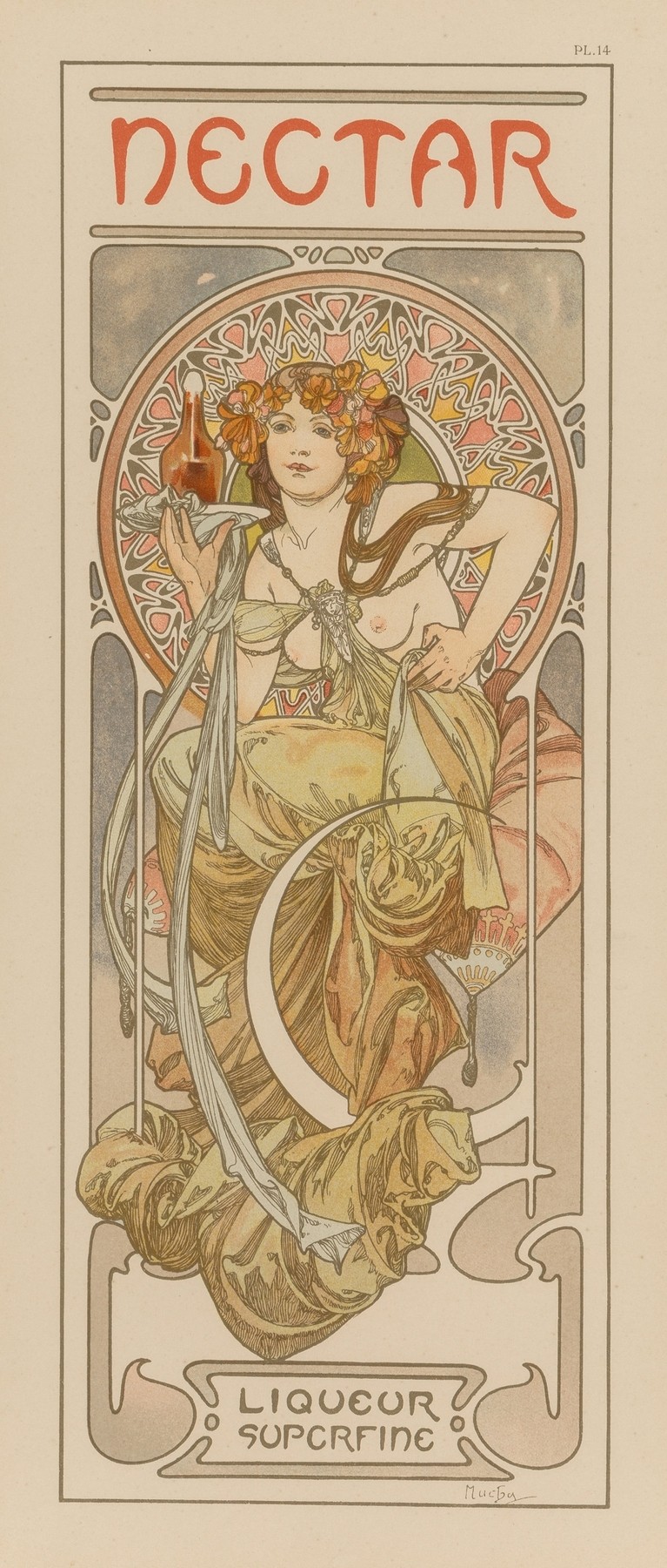 Alphonse Mucha’s Art Nouveau poster depicting a half-draped woman crowned with flowers, raising a glass of nectar, surrounded by flowing fabrics, botanical motifs, and an ornate halo.