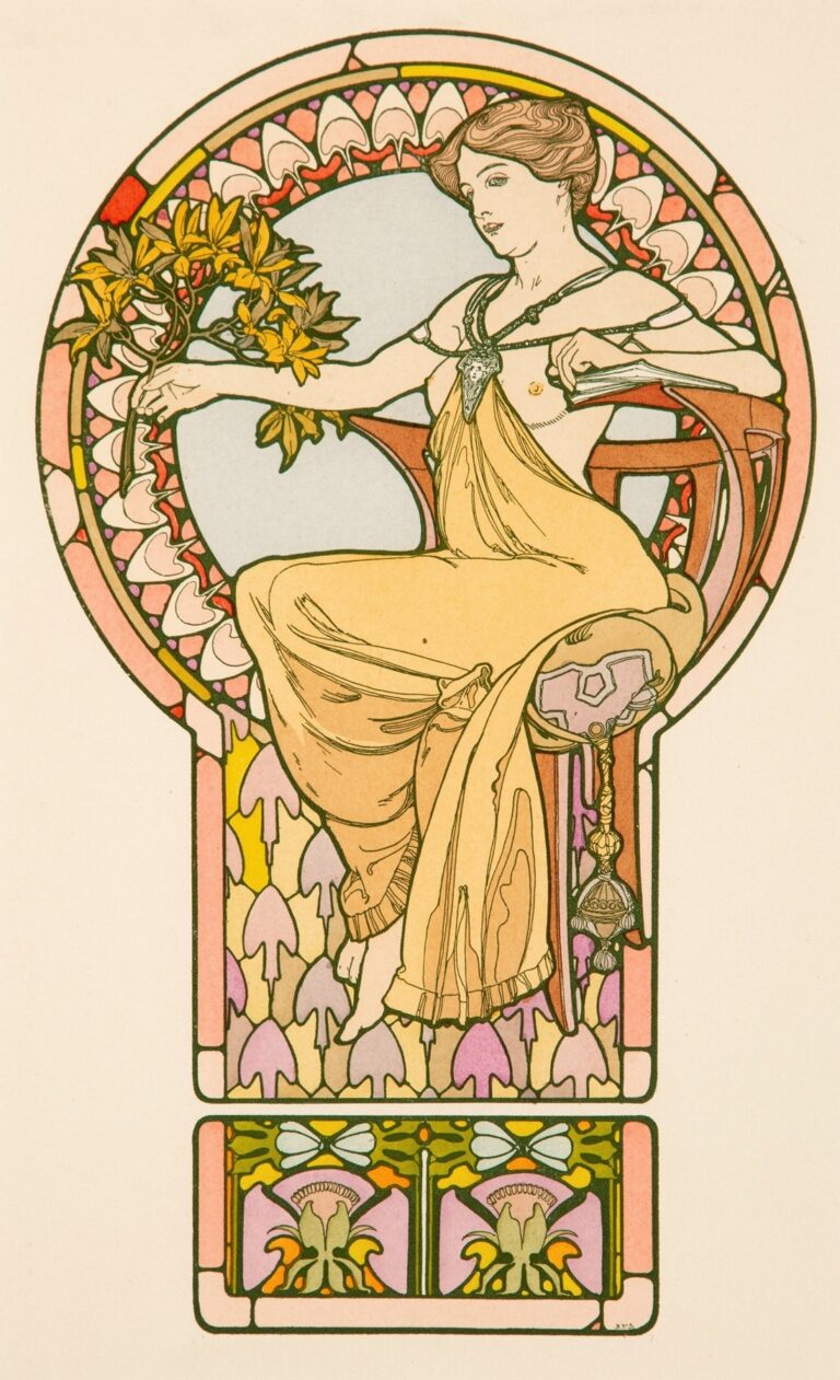 Art Nouveau decorative plate by Alphonse Mucha showing a seated woman in flowing ochre drapery framed by a circular halo of stylized petals and a lower panel of geometric floral motifs.