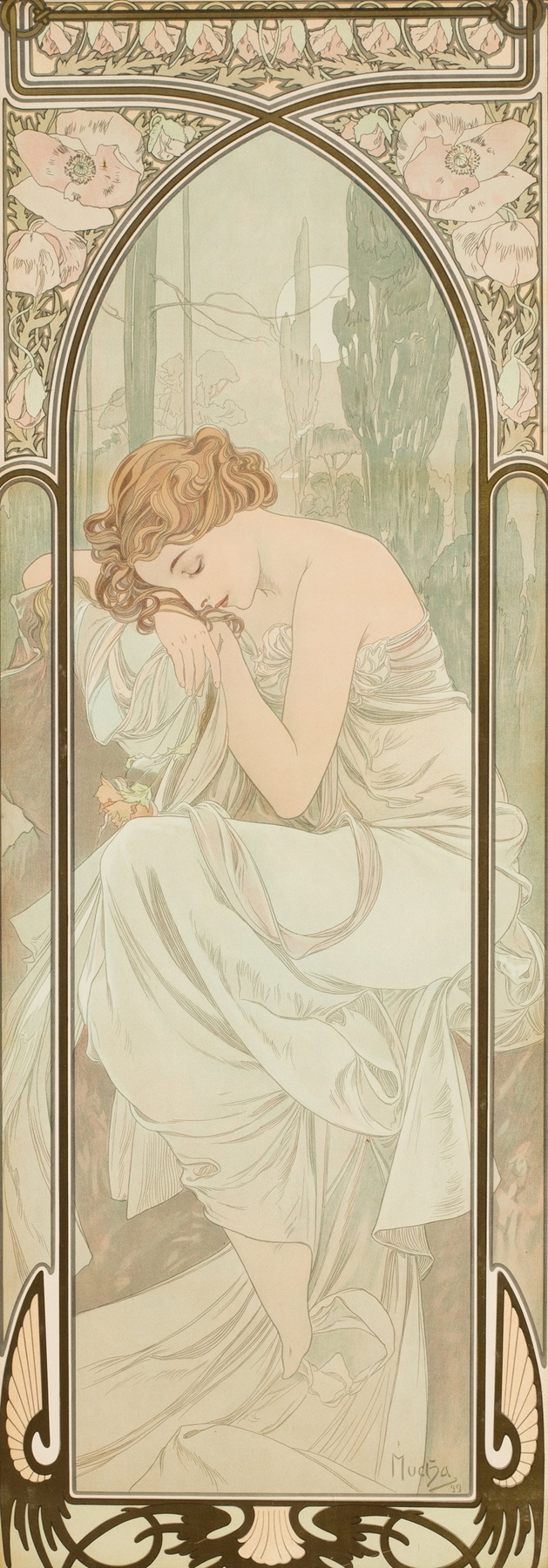 Art Nouveau panel by Alphonse Mucha showing a young woman in a flowing white gown leaning forward in restful contemplation against an arched frame of stylized poppies and cypress trees beneath a full moon.