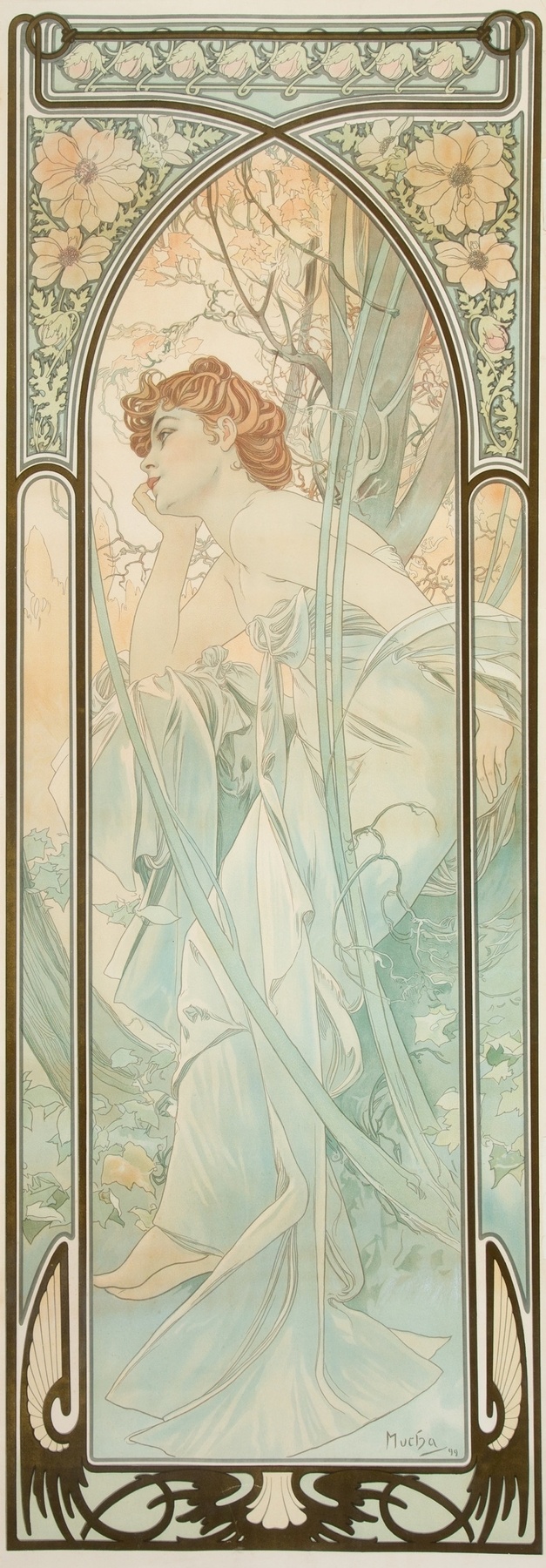 Art Nouveau panel by Alphonse Mucha showing a young woman in a flowing pale gown leaning on her hand within an arched frame of stylized flowers and slender trees beneath a rising moon.