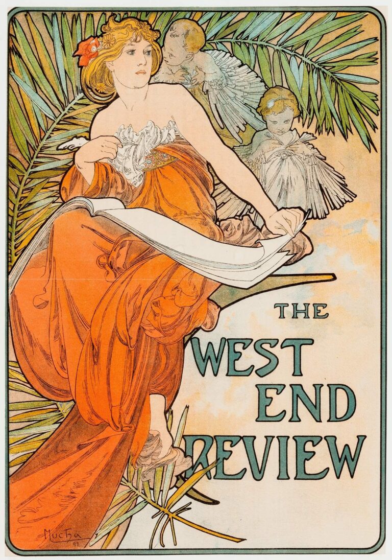 Art Nouveau poster by Alphonse Mucha showing a reclining woman in a flowing red robe holding a scroll amid palm fronds and cherubic figures, with the title “The West End Review” integrated into the design.