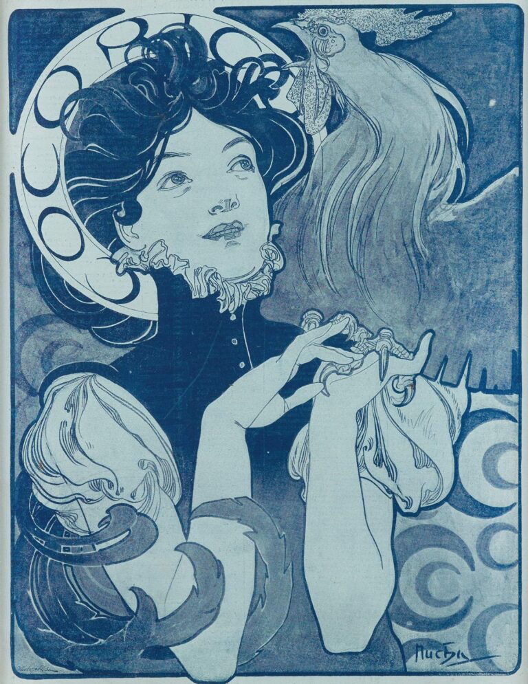 Duotone blue poster showing a stylized woman in ruffled collar and feathered headdress gazing upward as a fantastical bird perches beside her, with circular motifs above and the bold title “COCORICO” below.