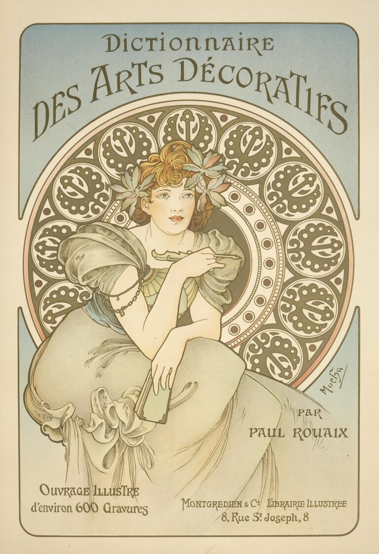 Alphonse Mucha’s Art Nouveau poster featuring a seated woman holding a book and stylus, framed by an intricate circular medallion of repeating foliate motifs beneath a soft aquamarine banner reading “Dictionnaire des Arts Décoratifs.”