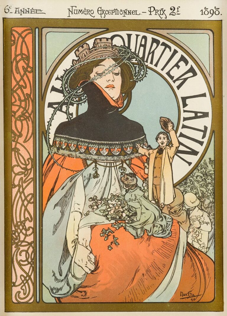 Art Nouveau poster by Alphonse Mucha depicting an allegorical Muse crowned with cathedral spires above a small student tipping his hat, set within a circular medallion inscribed “Au Quartier Latin,” flanked by vine-like ornament.