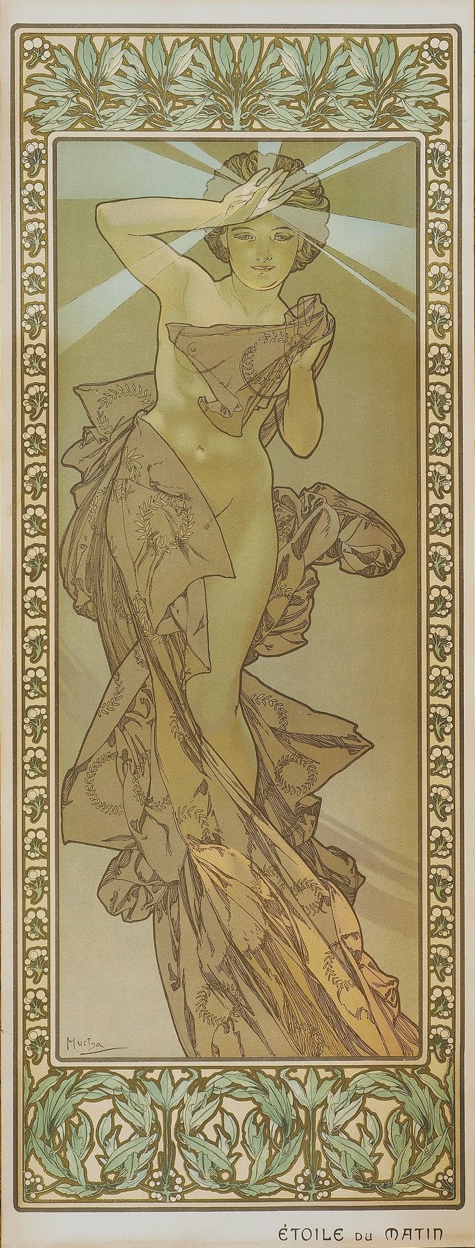 Art Nouveau decorative panel by Alphonse Mucha showing an allegorical maiden draped in flowing patterned cloth, shielding her eyes from sun rays that fan out behind her head, surrounded by stylized botanical borders.