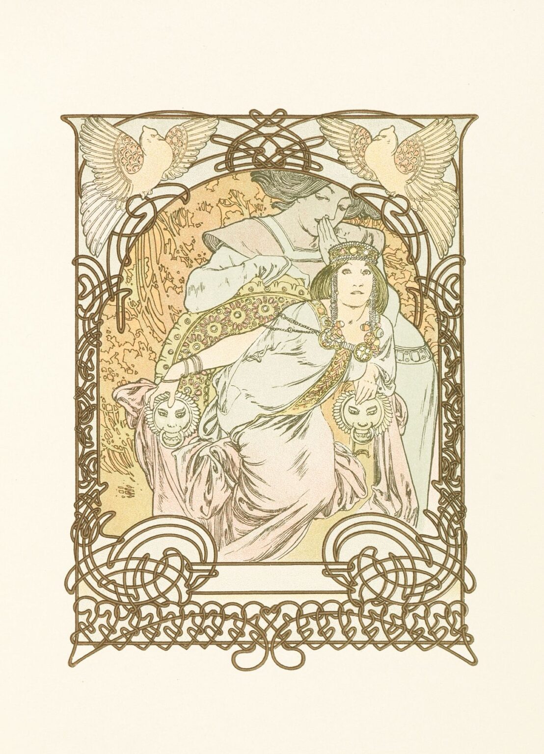 Alphonse Mucha’s “Ilsée” shows a princess draped in jeweled regalia with a confidante behind her, set within a Celtic knot border topped by two doves, rendered in soft pastel lithography.