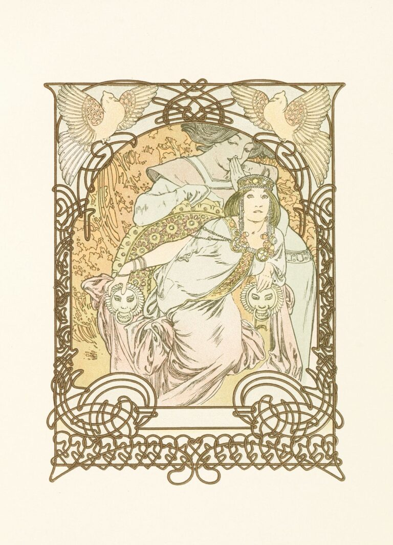 Alphonse Mucha’s “Ilsée” shows a princess draped in jeweled regalia with a confidante behind her, set within a Celtic knot border topped by two doves, rendered in soft pastel lithography.