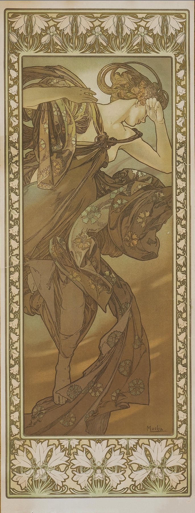Art Nouveau panel by Alphonse Mucha depicting a partially draped woman with flowing hair and a wreath of flowers, raising one arm toward dusk-lit skies, framed by stylized floral borders and subtle golden glow.