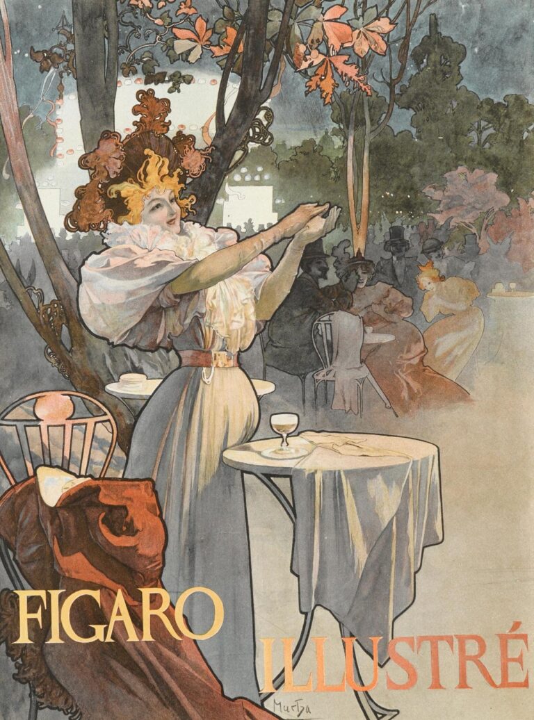 Art Nouveau cover by Alphonse Mucha showing a glamorous young woman in a ruffled blouse raising her glass in a bustling outdoor café scene at dusk, with delicately rendered patrons and glowing lights in the background.