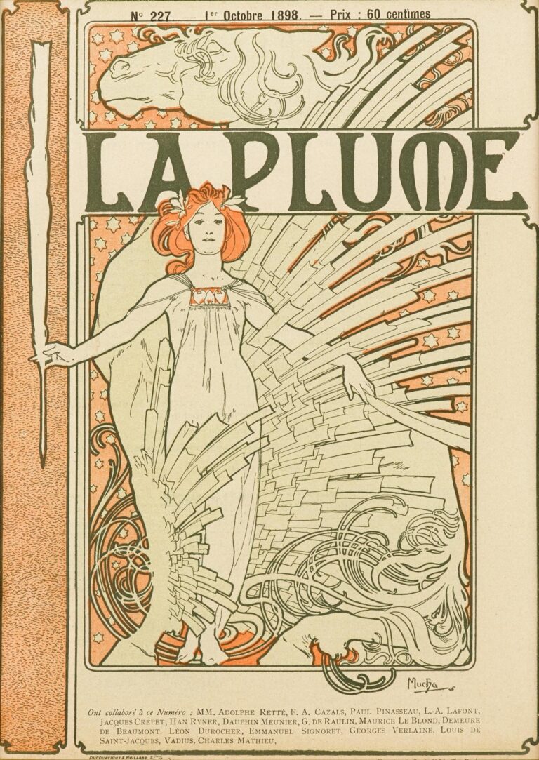Art Nouveau magazine cover by Alphonse Mucha showing a standing woman in a flowing gown holding a giant quill in one hand and a scroll in the other, surrounded by radiating geometric and organic motifs and a stylized horse head panel at top.