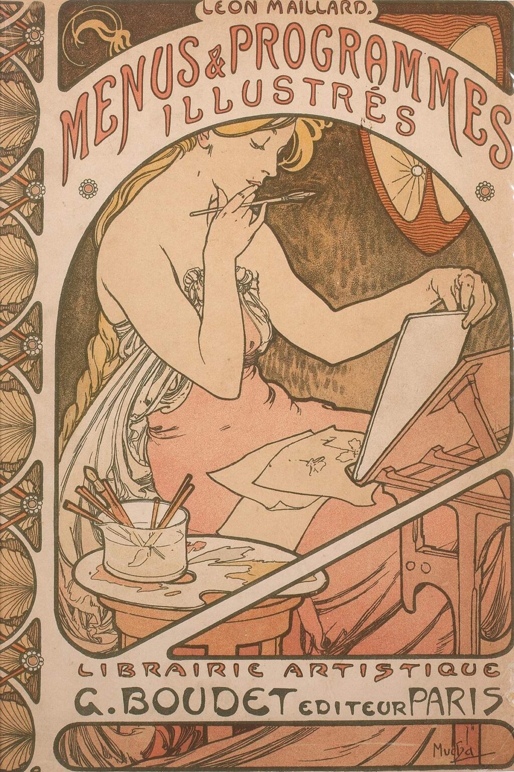 Art Nouveau poster by Alphonse Mucha depicting a contemplative female artist at her easel, brush held thoughtfully at her lips, surrounded by palettes, brushes, and abstract decorative motifs in warm coral and olive tones.
