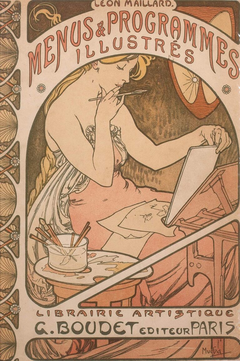 Art Nouveau poster by Alphonse Mucha depicting a contemplative female artist at her easel, brush held thoughtfully at her lips, surrounded by palettes, brushes, and abstract decorative motifs in warm coral and olive tones.