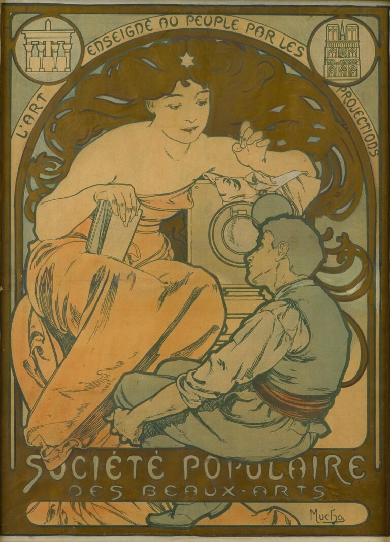 Art Nouveau lithographic poster by Alphonse Mucha showing a seated allegorical woman with flowing hair and a star on her forehead handing a mask to a kneeling boy beside a projection machine, flanked by circular vignettes of classical columns and Notre-Dame, with the slogan “L’Art enseigne au peuple par les projections” and the title “Société Populaire des Beaux-Arts” below.