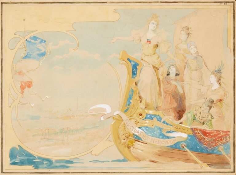 Light, unfinished watercolor study showing a gilded barque on stylized waves bearing a crowned female figure and five attendant maidens poised against a pale sky and a faint cityscape on the left, inscribed with the Latin motto “Filii Quae Nec Mercitur.”