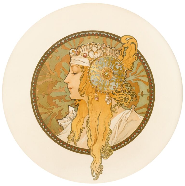 Circular Art Nouveau medallion by Alphonse Mucha depicting the left-profile head of a golden-haired woman wearing an ornate Byzantine headdress and jeweled diadem, set against a stylized radiating mosaic-like background of olive and amber tesserae.