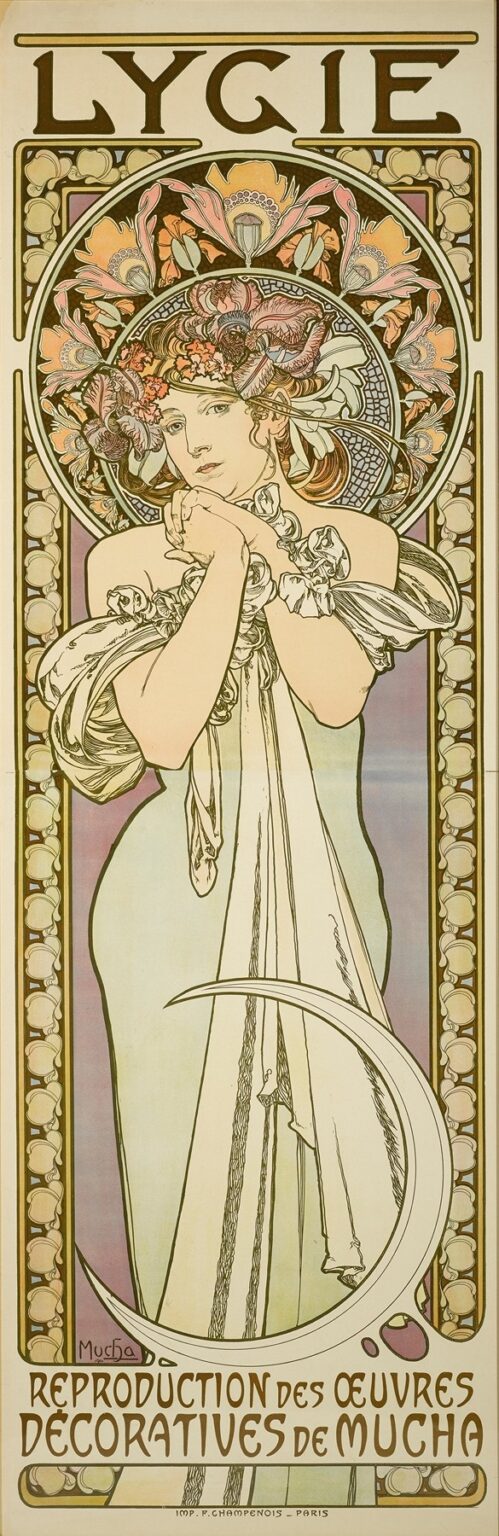 A tall, vertical Art Nouveau poster by Alphonse Mucha depicting a graceful young woman in a flowing pale green gown with floral garland and stylized lily halo, standing within an ornate circular frame of blossoms and geometric pattern, titled “LYGIE” above and “Reproduction des œuvres décoratives de Mucha” below.