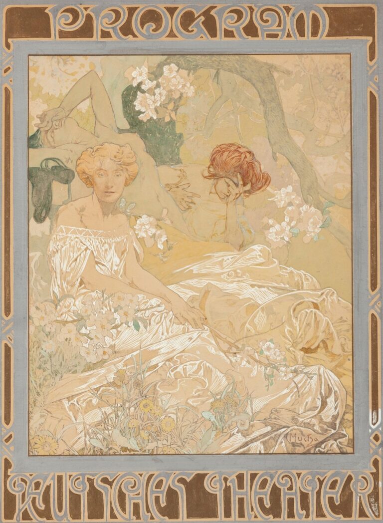 Art Nouveau lithograph by Alphonse Mucha showing two allegorical female figures framed by Celtic knot borders with doves, announcing the “Programm” for the Deutsches Schauspiel-Haus.