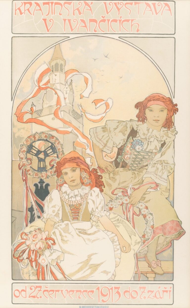 Art Nouveau poster by Alphonse Mucha depicting two girls in traditional Moravian dress before the Ivančice bell tower adorned with red-and-white ribbons, framed by stylized arch and script lettering.