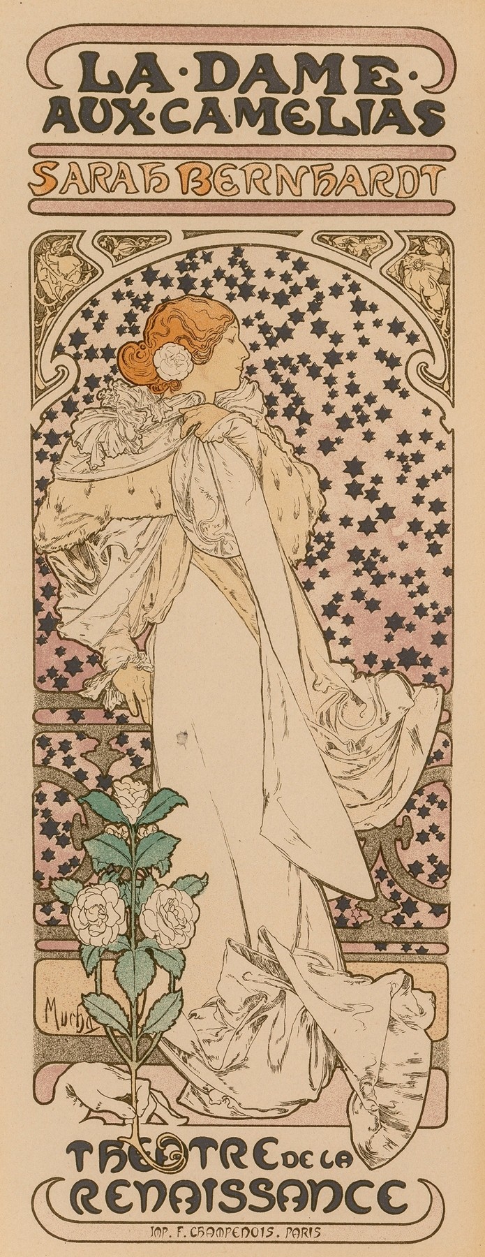 Art Nouveau lithographic poster by Alphonse Mucha showing a woman in flowing white robes with a camellia in her hair, set against a decorative star-patterned background and framed by ornate typographic bands.