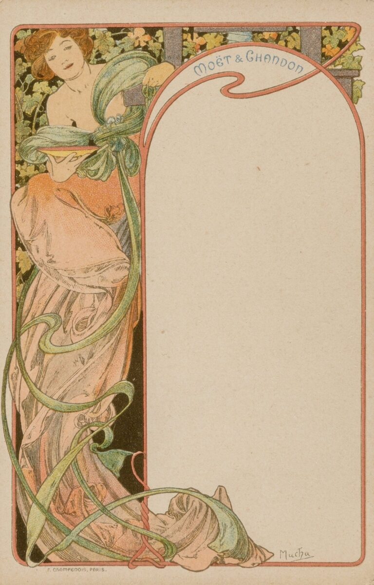 Art Nouveau menu card designed by Alphonse Mucha, featuring a seated woman draped in flowing robes amidst curling ivy vines, with a blank panel for dining courses under an arched title cartouche.