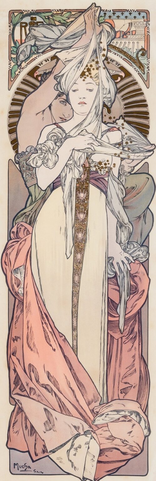 Alphonse Mucha’s Art Nouveau poster showing two idealized female figures in flowing drapery entwined with botanical motifs, with an empty arched cartouche above for customizable text.