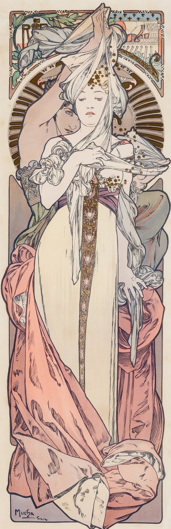 Alphonse Mucha’s Art Nouveau poster showing two idealized female figures in flowing drapery entwined with botanical motifs, with an empty arched cartouche above for customizable text.