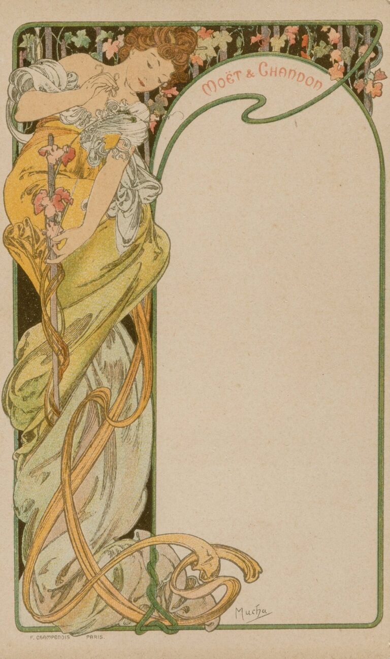 Art Nouveau menu card by Alphonse Mucha for Moët & Chandon, showing a seated woman in flowing yellow-green drapery holding a flowering stem, framed by curling vines and an arched blank panel for menu text under the Moët & Chandon logo.