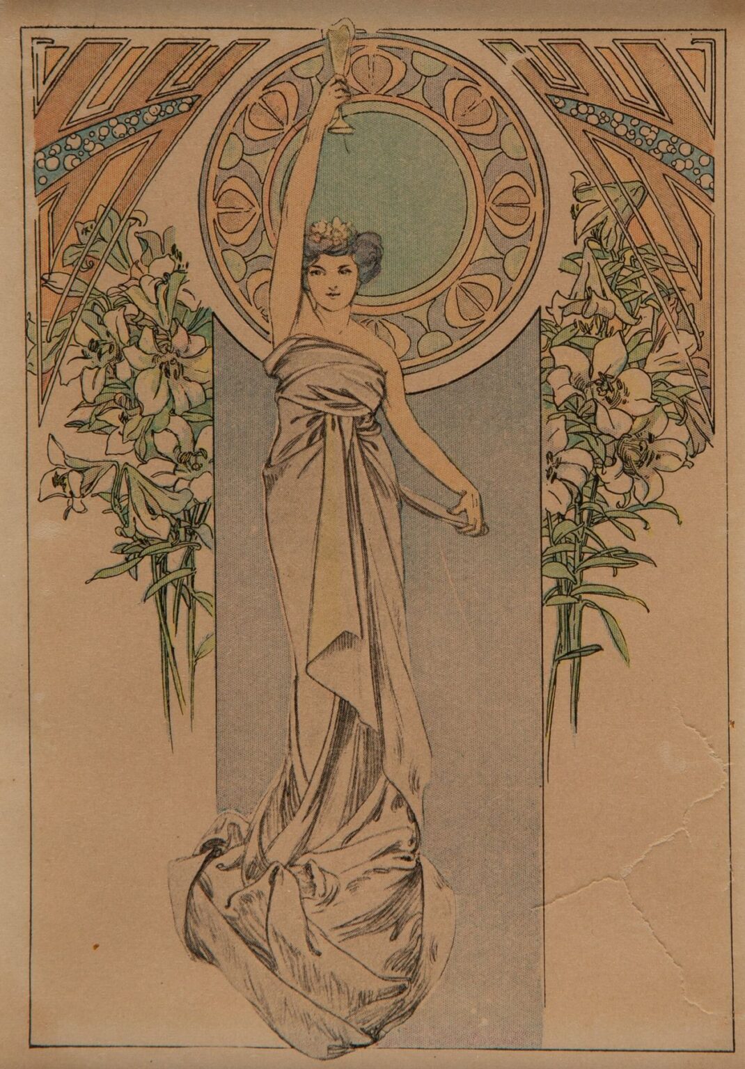 Art Nouveau menu card by Alphonse Mucha showing a seated woman draped in flowing yellow-green robes holding a blooming stem, framed by curling vines and an arched cartouche for Moët & Chandon under a slender green border.