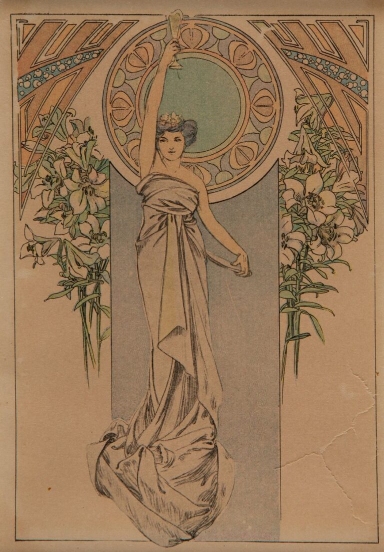Art Nouveau menu card by Alphonse Mucha showing a seated woman draped in flowing yellow-green robes holding a blooming stem, framed by curling vines and an arched cartouche for Moët & Chandon under a slender green border.