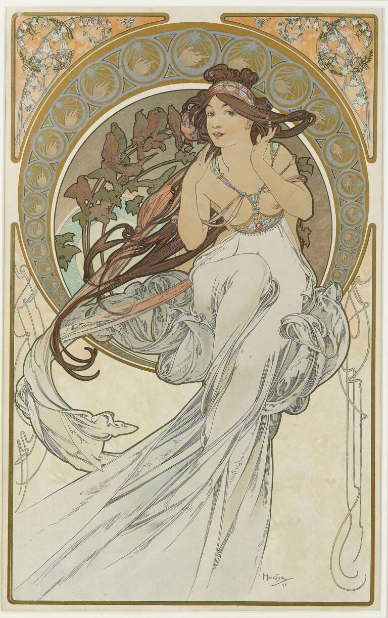 Alphonse Mucha’s 1898 lithograph “The Arts 1,” depicting an allegorical female figure in flowing ivory drapery seated within an ornate circular frame decorated with birds, bellflowers, and sinuous Art Nouveau motifs.