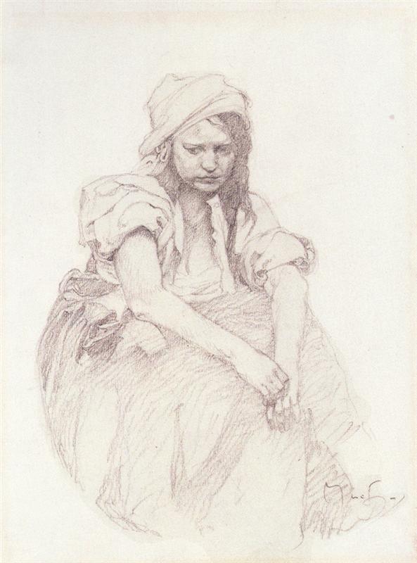 Soft graphite drawing by Alphonse Mucha of a seated young woman in a headscarf and simple blouse, head bowed and hands loosely clasped over her skirt, modeled with gentle hatching against a blank paper background.