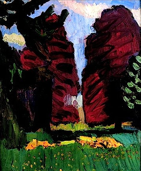 Close view of a grove with two towering red-violet beech trees flanking a slim strip of blue sky; dark trunk at left, evergreen with oval dabs at right, bright green lawn with scattered yellow accents, all painted in saturated, energetic strokes.