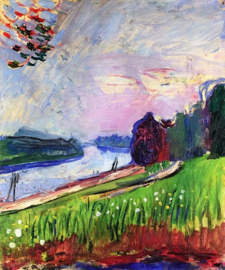 Vibrant landscape with a bright green sloping bank dotted with white flowers, a curving blue river leading to a violet-pink horizon, a dark purple copse at right, and a breezy blue sky streaked with lavender and touches of orange leaves at the top left.