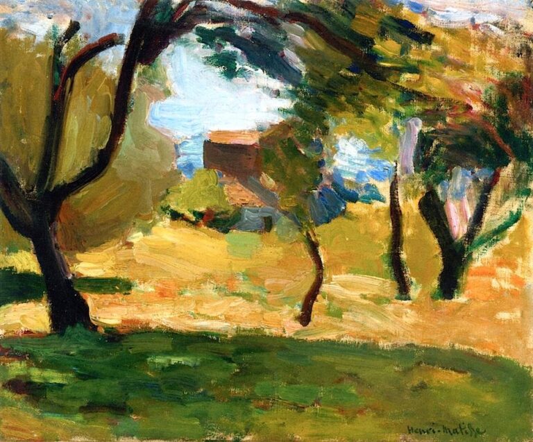 Sunlit grove with dark tree trunks arching across the foreground, golden grasses and green patches beneath, and glimpses of bright blue sea through foliage; the paint is thick and loose, with visible strokes of olive, ochre, teal, and rose under a warm sky.