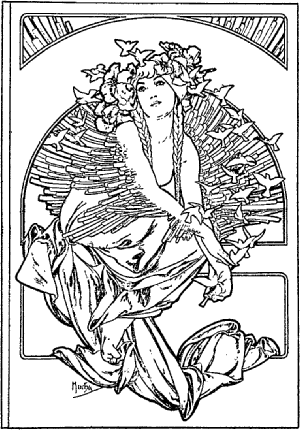 Black-and-white Art Nouveau cover design by Alphonse Mucha showing a seated young woman with long braids and a floral crown, framed by a large circular halo of radiating bars. Doves and blossoms encircle her as flowing drapery pools at her feet within a rectangular border with small corner windows. 1897.