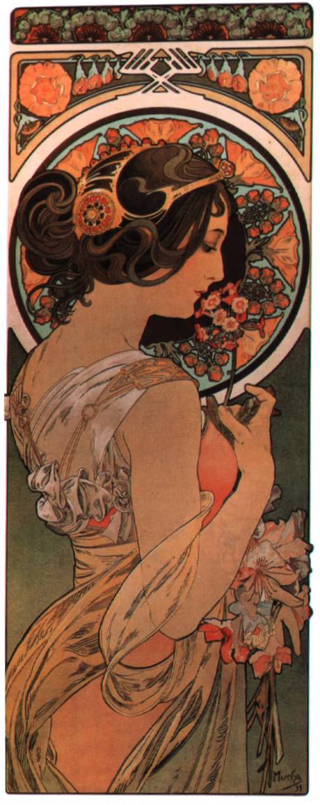 Tall Art Nouveau panel by Alphonse Mucha showing a woman in profile smelling a small stem of flowers, her dark hair pinned with a decorative comb, wrapped in flowing translucent drapery; behind her a large circular halo filled with a radiating floral mandala, with a narrow floral frieze at the top; warm peach and green tones throughout.