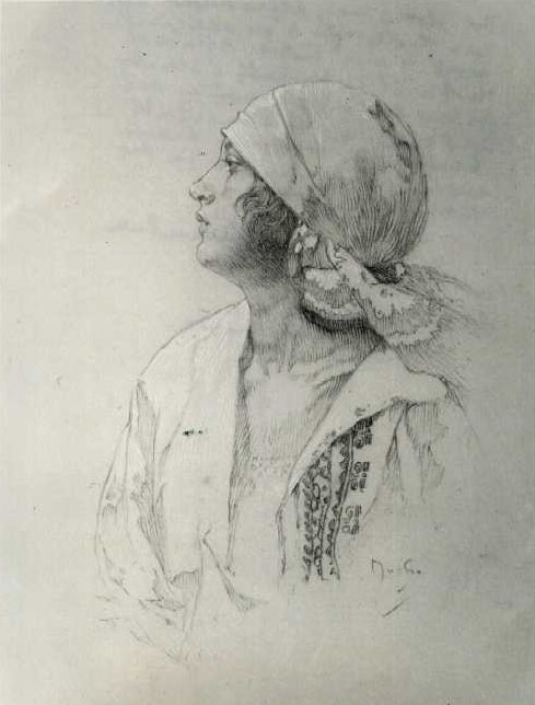 Delicate graphite drawing by Alphonse Mucha of a young woman in left profile wearing a tied headscarf and embroidered blouse, head slightly raised as if listening, modeled with soft hatching against an open white background.