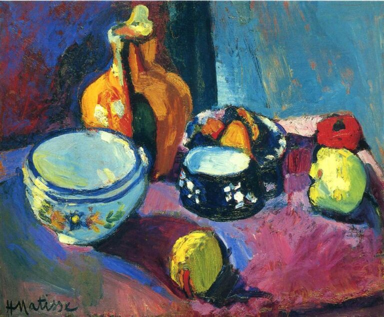 Tabletop still life on a magenta-red carpet with dark patches: large pale blue bowl at left, warm ocher pitcher behind it, black bowl with white motifs and fruit at center-right, lemon in front, red apple and green-yellow pear at right, against a cool blue wall painted in vivid, textured strokes.