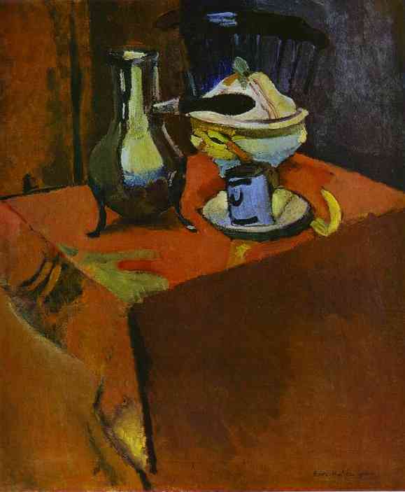 Warm red tabletop with a metal ewer, lidded bowl with pale fruit, and a blue enamel cup on a saucer, a yellow peel curling beside them, and a dark chair back silhouetted against a brown-violet interior.