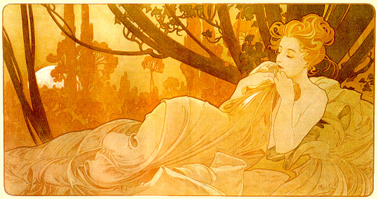 Wide Art Nouveau panel by Alphonse Mucha showing a reclining woman with auburn hair drawing a sheet toward her face, surrounded by sweeping folds of fabric; at left, a pale setting sun glows behind dark tree branches and distant silhouettes; the entire scene bathed in warm amber tones