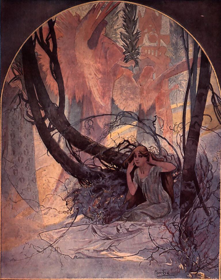 Semicircular painting of a kneeling woman at the edge of a snowy wood, hands cupped to her ears as she listens. Dark leaning trunks and tangled undergrowth frame her; in the background, broad orange and rose shapes like angelic wings suggest the vibrations of Easter bells. Cool purples in the foreground, warm sky above; signed “Mucha,” 1896.
