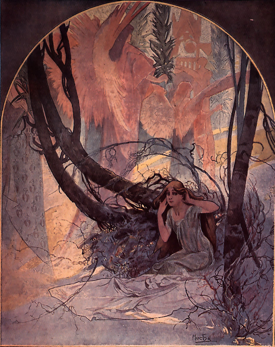 Semicircular painting of a kneeling woman at the edge of a snowy wood, hands cupped to her ears as she listens. Dark leaning trunks and tangled undergrowth frame her; in the background, broad orange and rose shapes like angelic wings suggest the vibrations of Easter bells. Cool purples in the foreground, warm sky above; signed “Mucha,” 1896.